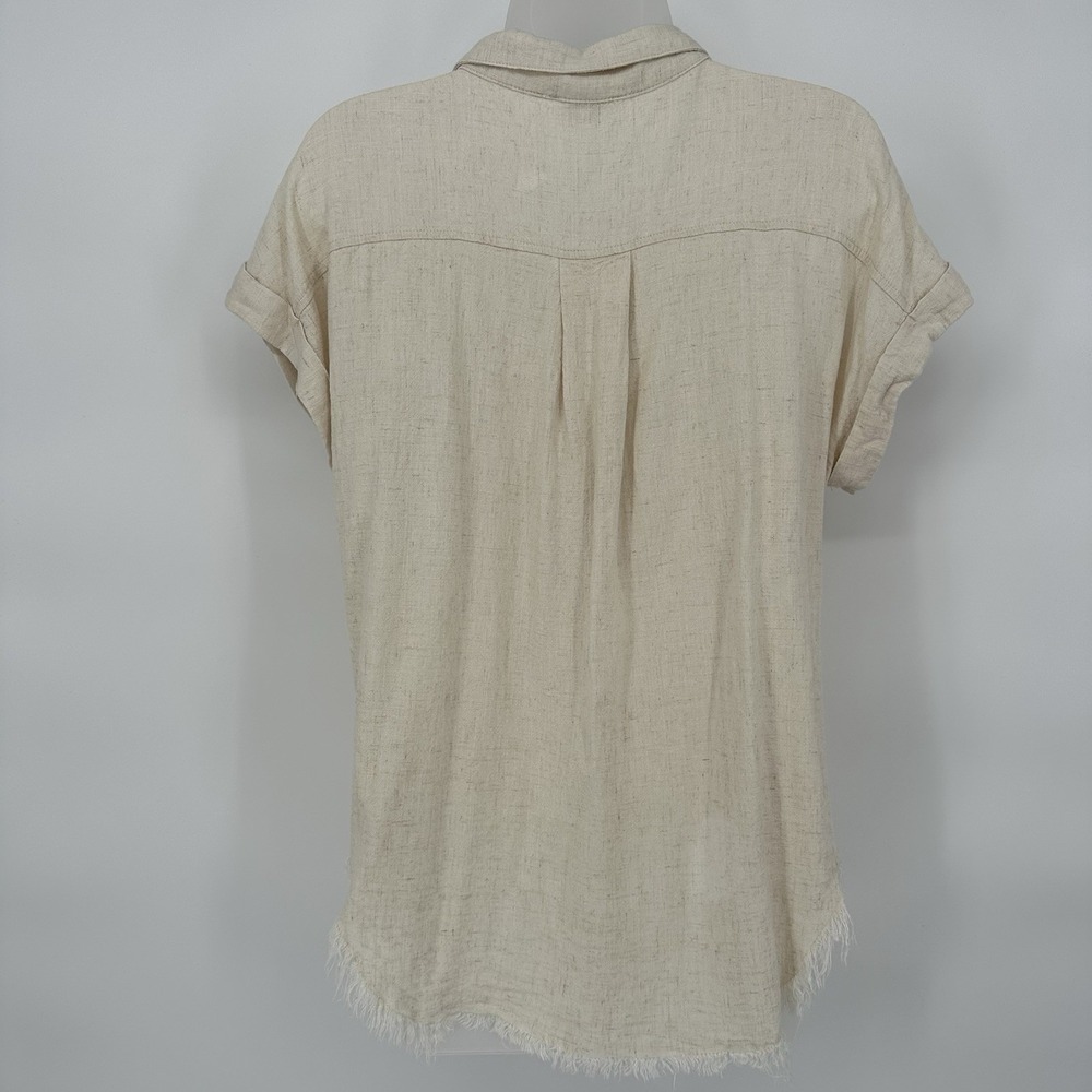 Umgee Sz S Oatmeal Beige Linen Blend Top Frayed Hem Shirt Rolled Cuff Sleeve - Picture 3 of 9
